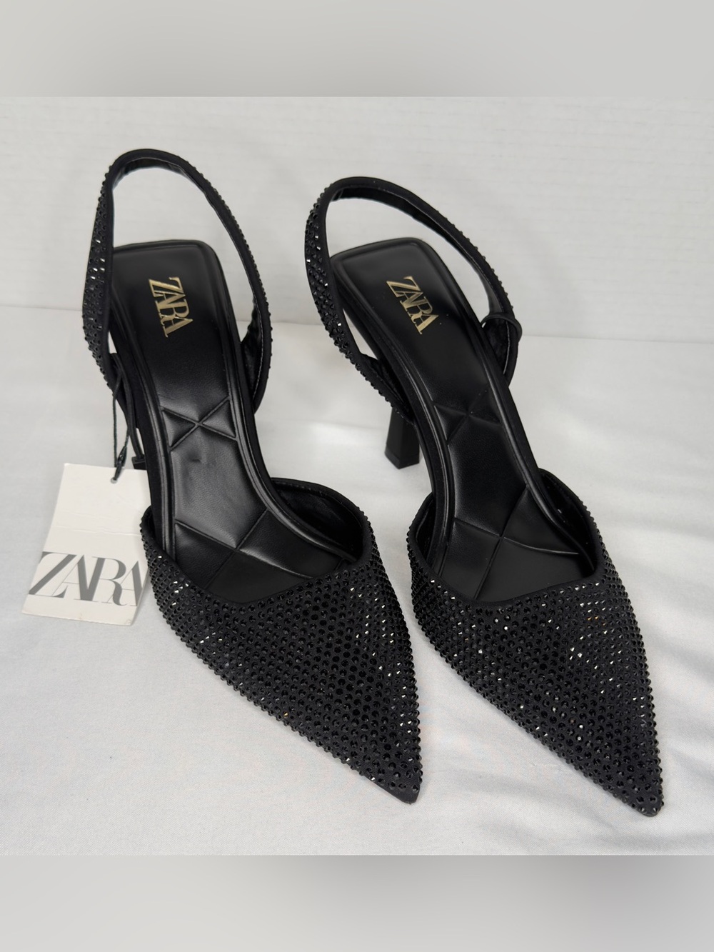 ZARA Black Mesh Slingback Heels with Sparkling Rhinestone Appliqué & Pointed Toe